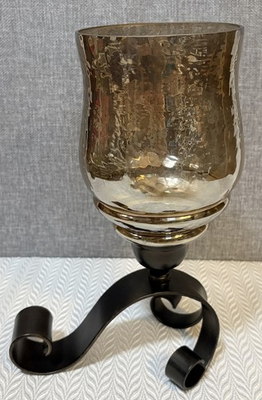 #ad Vintage Style Amber Glass Hurricane Candle Holder 11” Wrought Iron Scroll Base $34.99