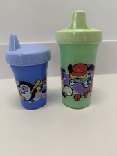 2003 Vintage Playtex 2 Sippy Cups Green W/Dogs Blue W/Penguins