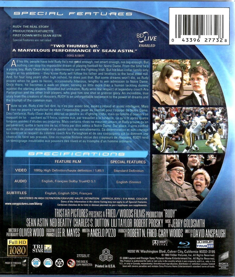 RUDY - Sean Astin, Ned Beatty, Charles S. Dutton, Notre Dame FootBa Used BluRAY - Image 2 of 2