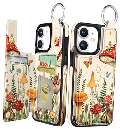 for iPhone 11 Wallet Case with Card Holder, Designer 24-Pink Mushroom Frog