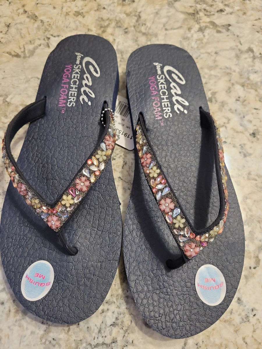 Skechers Women's 9 Cali Yoga Foam Flip Flop Wedge Sandals Blue Navy  Rhinestone