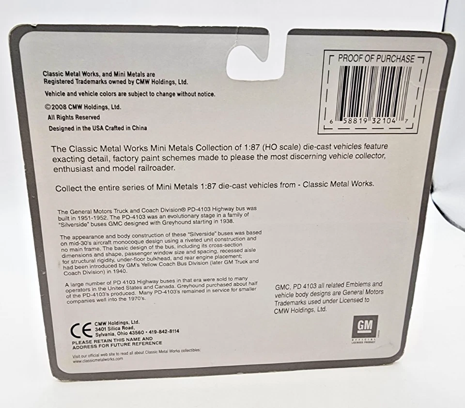 Classic Metal Works Mini Metals HO 1:87 GMC PD 4103 Greyhound Bus. New on Card - Image 3 of 3