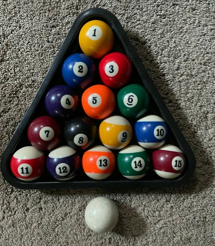  COMPLETE SET 2-1/4  INCH POOL BALLS WITH TRIANGLE RACK