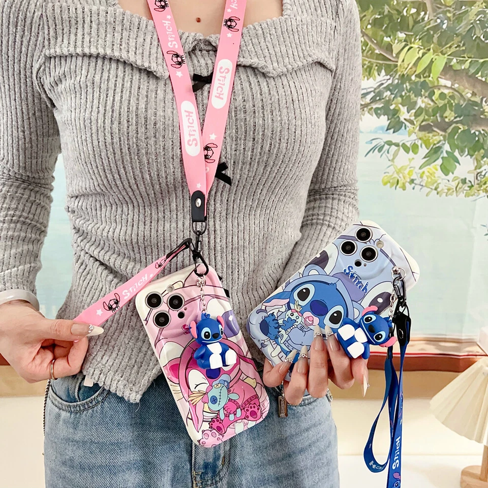 For iPhone Samsung Huawei Cute Cream Stitch Case Phone Cover Doll Stand 2 Straps - Image 2 of 4