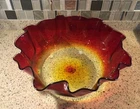 STUNNING HUGE BLENKO GLASS AMBERINA RED YELLOW RUFFLED DESIGN BOWL 13.5” X 6”