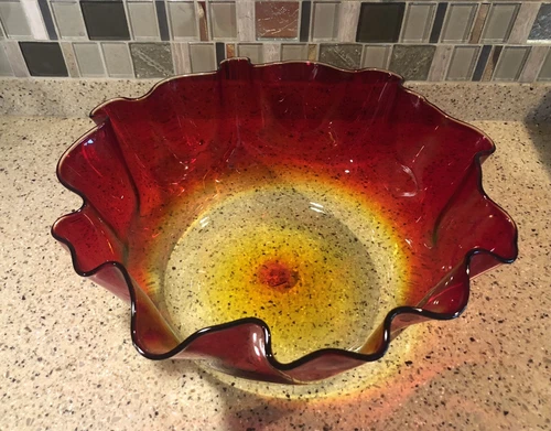 STUNNING HUGE BLENKO GLASS AMBERINA RED YELLOW RUFFLED DESIGN BOWL 13.5” X 6”