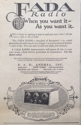 1926 AD(XE16)~F.A.D. ANDREA. INC. FADA NEUTRODYNE RADIO