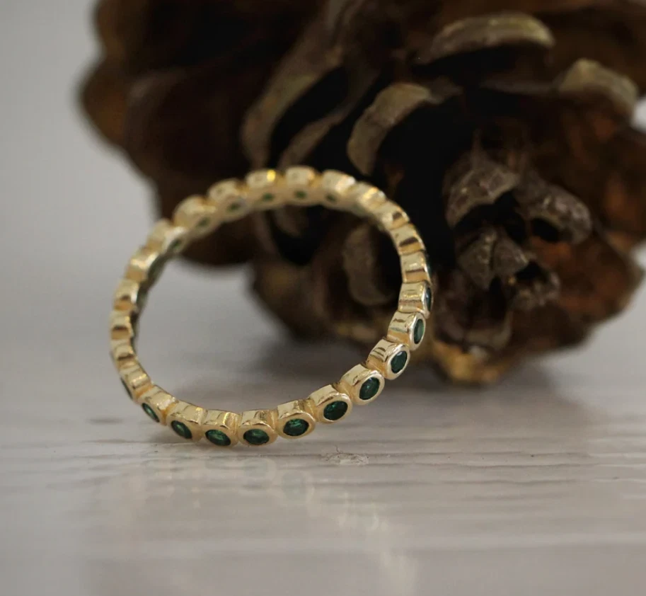 Genuine Emerald Eternity Band Ring Gold Emerald Engagement Ring Silver Jewelry - Image 3 of 4