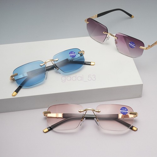Tinted Rimless Blue Light Blocking Reading Glasses Frameless Sunglasses Readers - Picture 3 of 16