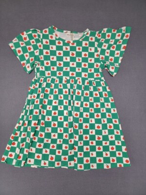 NWT~BOBO CHOSES Organic Cotton Floral Dress Size 12-13Y Green White Check APPLES
