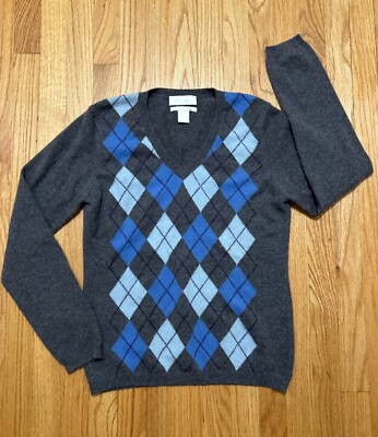 Geneva 2-ply 100% Cashmere Sweater Women s Size Large Gray Blue Beautiful Argyle