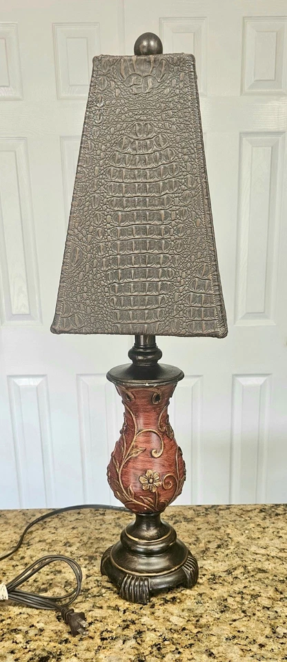 Rustic Floral Table Lamp W/Alligator Style Brown Shade - Image 2 of 4