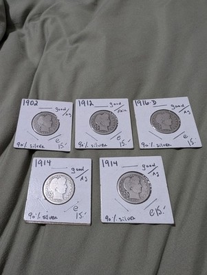   Five Barber Quarters from 1902 - 1916   Good condition, 90% silver  