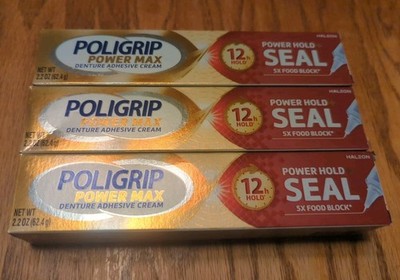 (Lot of 3) New Poligrip Power Max Power Hold + Seal Denture Cream 5X Food Block 