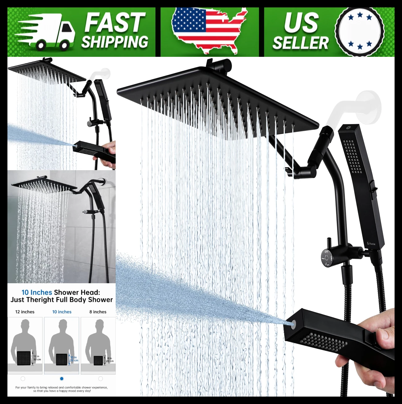 G-Promise 10" Rain Shower Head Handheld Combo Matte Black