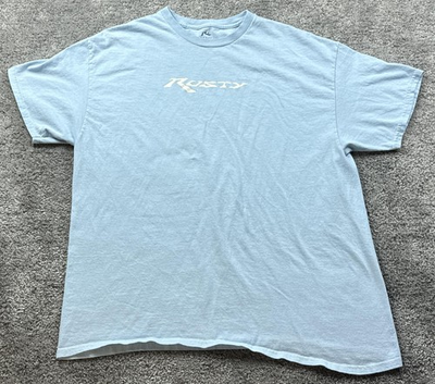 #ad Rusty Surfboards Shirt Mens XL Blue Graphic Short Sleeve Tee Tagless Surf Casual $14.99