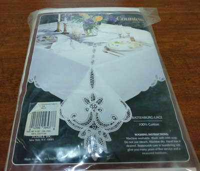 New Sealed Vtg Battenburg Lace White Oblong Tablecloth & 12 Napkins 66in x 102''