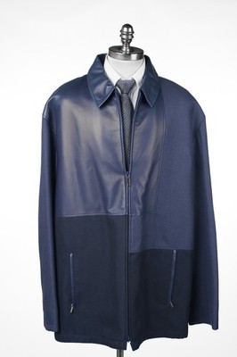 ZILLI Harvest Blue Overcoat Cashmere Silk Leather Regular Fit Jacket 52 (EU 62)
