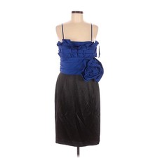 Maxandcleo Women Blue Ruffled Floral Applique Black Sheath Cocktail Dress S 12