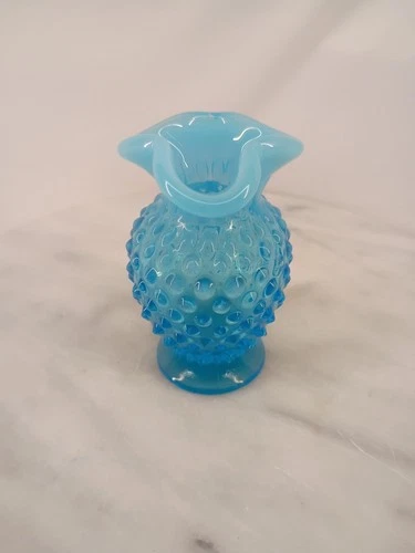 Fenton Hobnail Ruffled Vase Blue Vintage 3.5 Inch Tall