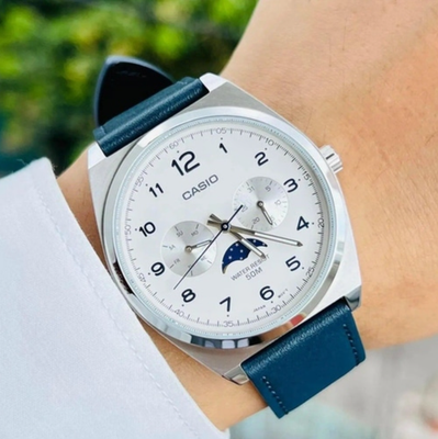 Casio MTP-M300L-7A Moon Phase Men's Watch White Dial Leather Strap
