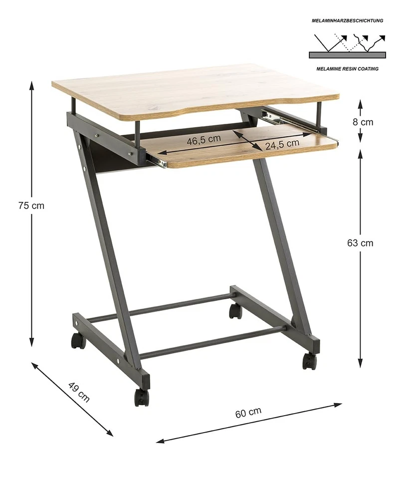 HAKU Computertisch auf Rollen Anthrazit/Eiche 60x75cm modern mit OVP - Bild 3 von 4