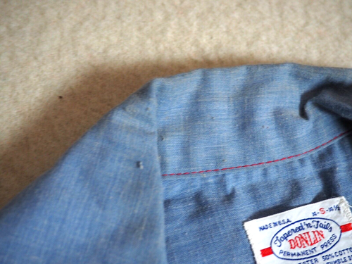 VTG 60s 70s Donlin Perm Press Blue Chambray USA Button Pocket Polycotton Shirt S - Picture 7 of 7