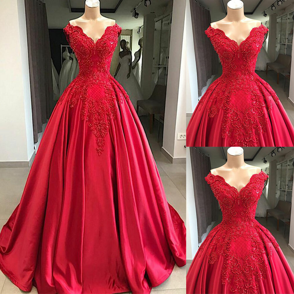 Red Puffy Quinceanera Dresses Ball Gown V-neck Off The Shoulder Party ...