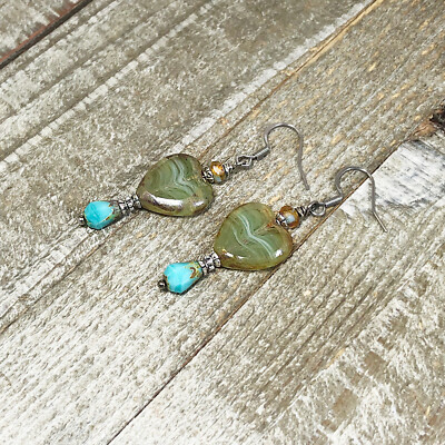 Czech Milky Green Opal Hurricane Heart Earrings with Blue Picasso Teardrops