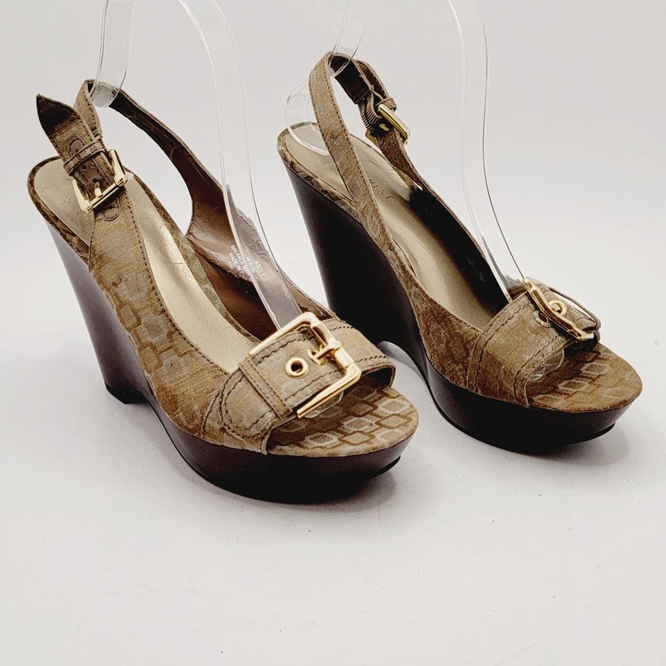 Sandalia de cuña Nine West Hydrolic marrón punta abierta tacón de 5" con tira trasera para mujer talla 8 Foto 2 de 4