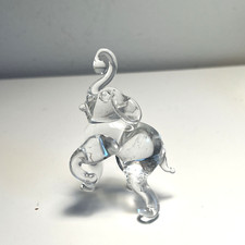 Clear Hand Blown Glass Elephant Figurine Trunk Up Miniature 2.75" tall Trumpet