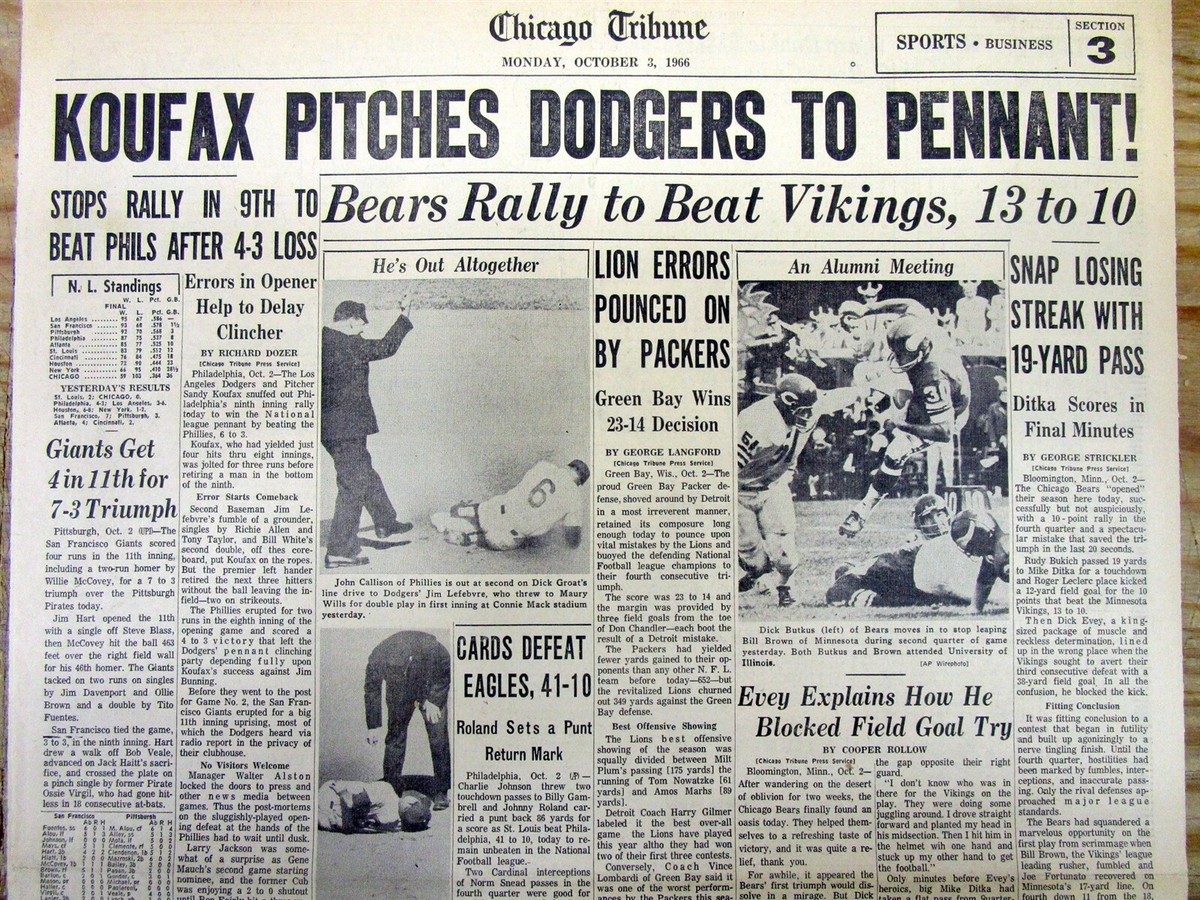 1966 headline newspaper SANDY KOUFAX pitches LA DODGERS into