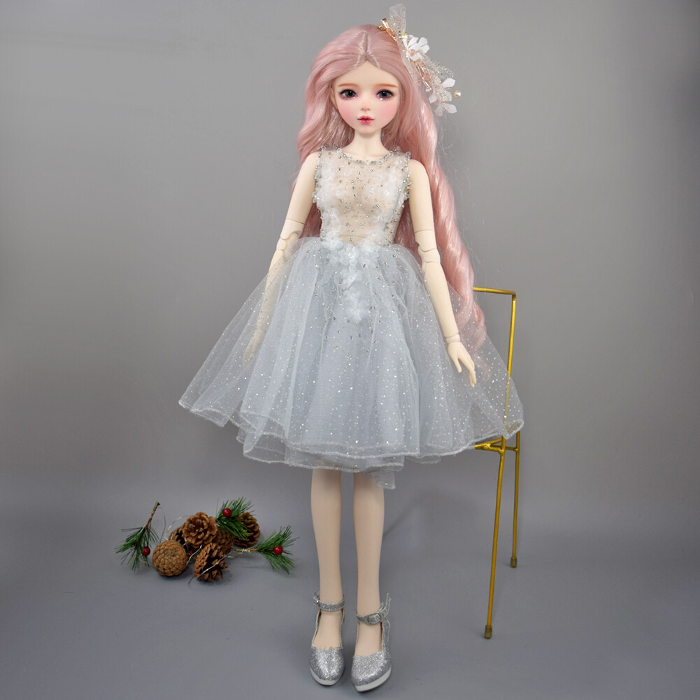Full Set 56cm Ball Jointed BJD Doll Long Pink Wavy Wig Changeable