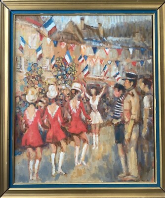 French PostImpressionist painting Cheerleader Parade Village Flag National Day
