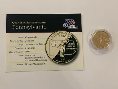 Quarter-dollars des Etats-Unis doré à l'Or Pur 24 Carats "Pennsylvanie". - Photo 1/3