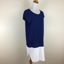 MADEWELL Womens Small Blue White Colorblock V Back Round Hem Short Sleeve Dress