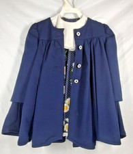 Vintage Handmade Dress Jacket Set Blue Daisies Polka Dot 5 Eyelet Lace Collar