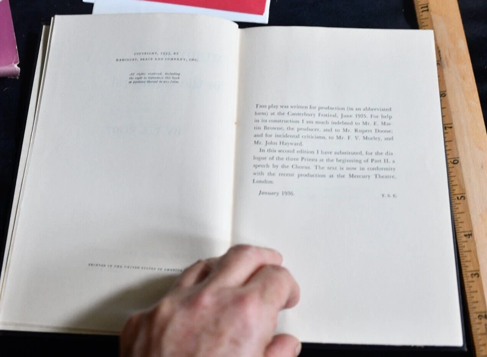 T.S. ELIOT Murder in the Cathedral 1st Edition 1935 Hardback with Slipcover Foto 4 de 4