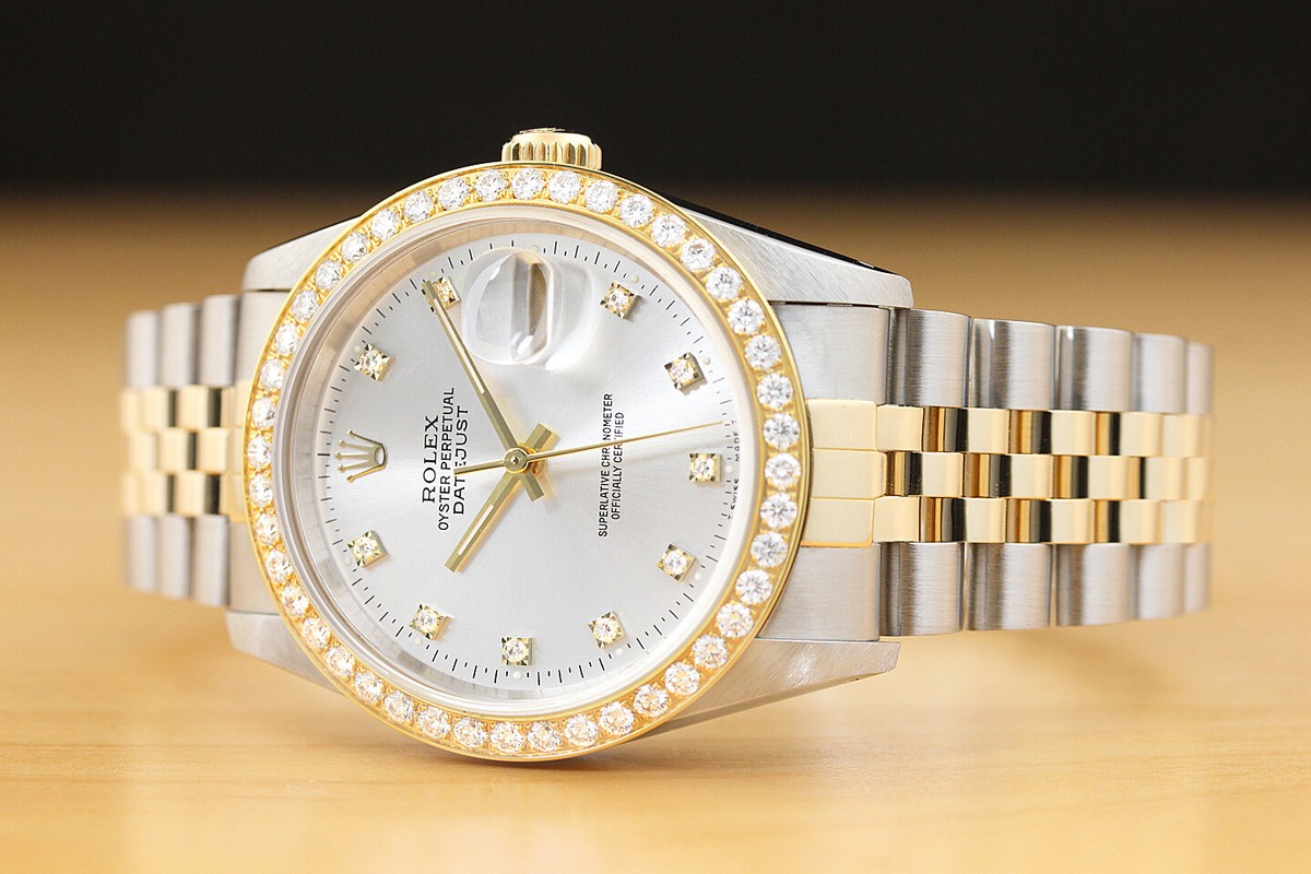 ROLEX MENS DATEJUST 16233 FACTORY DIAMOND DIAL 1.60 CT BEZEL TWO