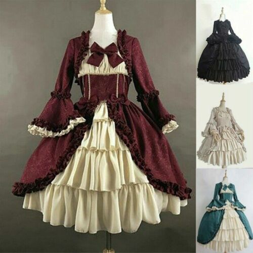 Women Gothic Lolita Dress Tiered Ruffle Medieval Victorian Vintage Costume - Picture 1 of 18