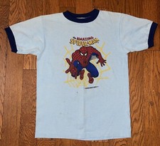 VTG 1977 Marvel Comics The Amazing Spiderman Ringer T-Shirt YOUTH XL DISTRESSED