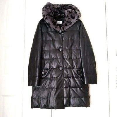 Max Mara Long sheepskin Fur Hood down Coat Jacket Blouson Women Black Genuine