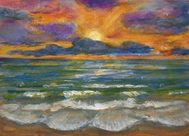 ACEO Original Acrylic Painting Beach Sunset Ocean Clouds  miniature by BrydenArt