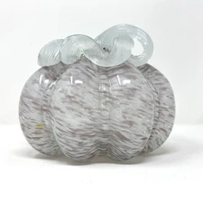 Blown Art Glass Light Up Pumpkin Purple White Swirl Clear Curly Stem Fall Decor