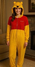 B23 LARGE Disney Winnie the Pooh Adult One Piece Pajamas Costume Fleece Hooded