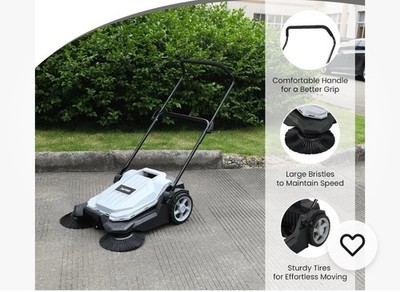 Walk-Behind Outdoor Hand Push Floor Sweeper - 5.25 Gallon Capacity - 25.5'' Sw...