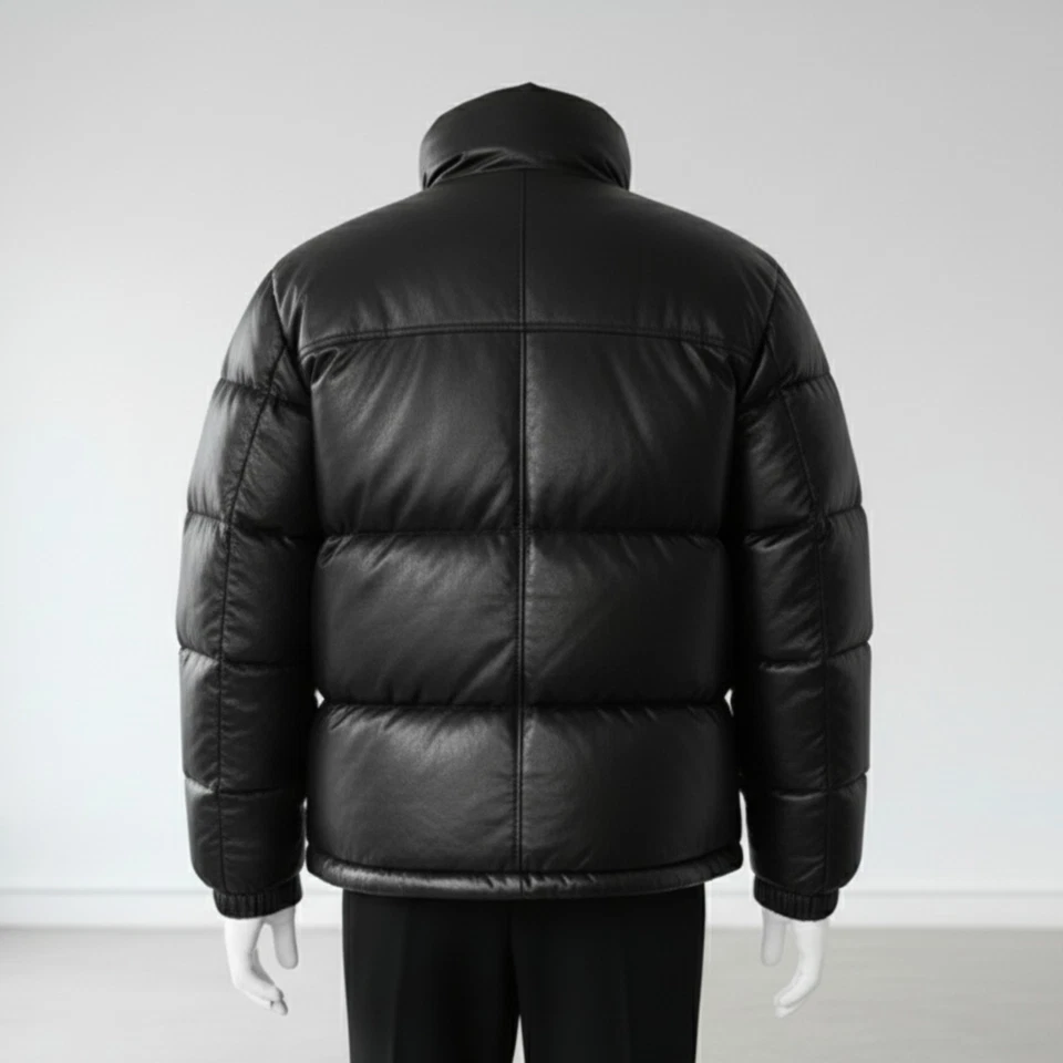 Men's Black Puffer Jacket Real Leather Lambskin Quilted Down Jacket All Sizes - Image 4 of 4