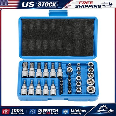 34pcs Torx Star Sockets & Bit Set Male Female E-torx Security Bits 3/8 Drive NEW