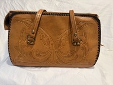 Vintage Hand-Tooled Tan Leather Handbag with Floral Embossing