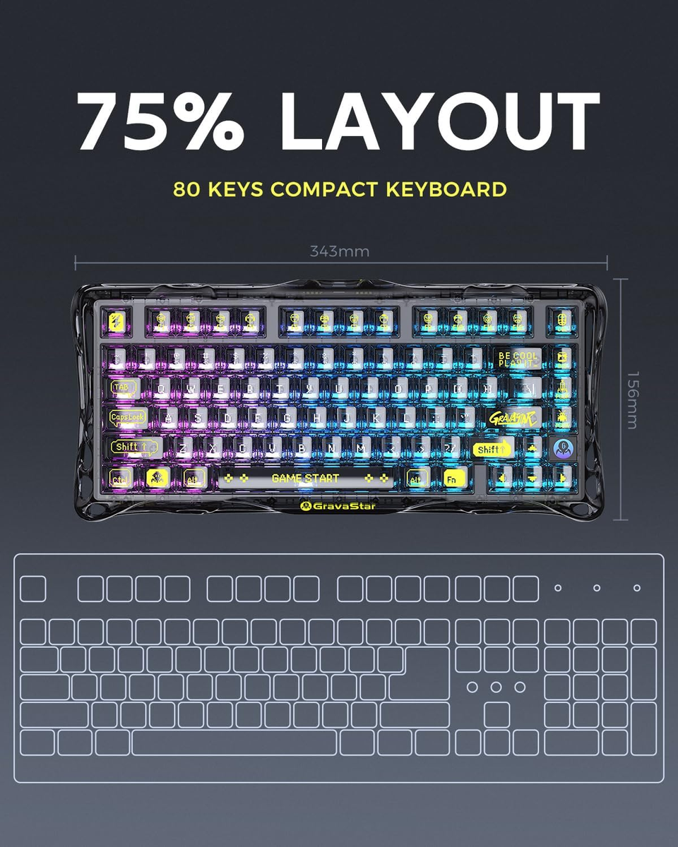 Gravastar Mercury K1 Lite 75% Gaming Keyboard, 2.4Ghz/Bt/Wired Tri